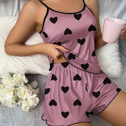 Women'S Pajama Set Pajamas T-Shirts Shorts Pink Heart-Shaped Print round Neck T-Shirt Ice Silk Top Comfortable Casual Summer ﻿