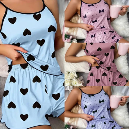 Women'S Pajama Set Pajamas T-Shirts Shorts Pink Heart-Shaped Print round Neck T-Shirt Ice Silk Top Comfortable Casual Summer ﻿