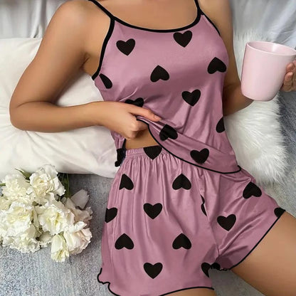 Women'S Pajama Set Pajamas T-Shirts Shorts Pink Heart-Shaped Print round Neck T-Shirt Ice Silk Top Comfortable Casual Summer ﻿