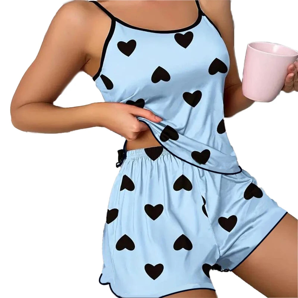 Women'S Pajama Set Pajamas T-Shirts Shorts Pink Heart-Shaped Print round Neck T-Shirt Ice Silk Top Comfortable Casual Summer ﻿