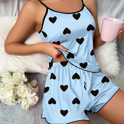 Women'S Pajama Set Pajamas T-Shirts Shorts Pink Heart-Shaped Print round Neck T-Shirt Ice Silk Top Comfortable Casual Summer ﻿